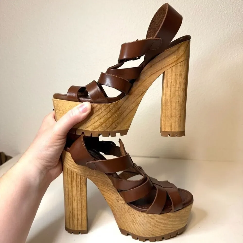Zara Basic Strappy Stacked Platform Heeled Sandals Size 37 - Picture 5 of 11
